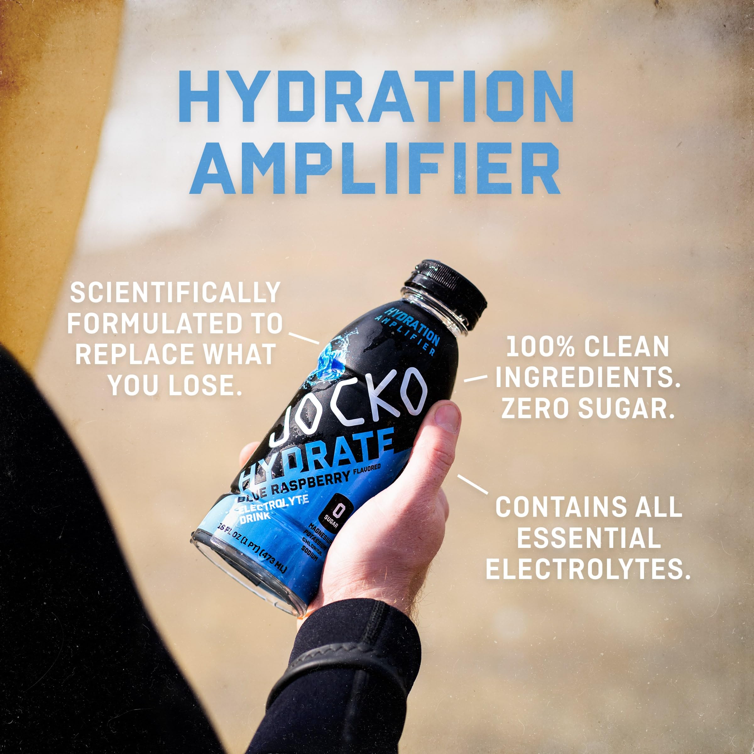 Ingredients close-up on Jocko Fuel Hydrate bottle emphasizing allergen-free formula.