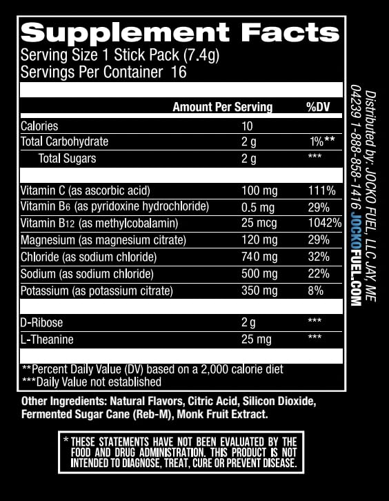 Jocko Fuel Hydrate vitamin list highlights C, B6, B12