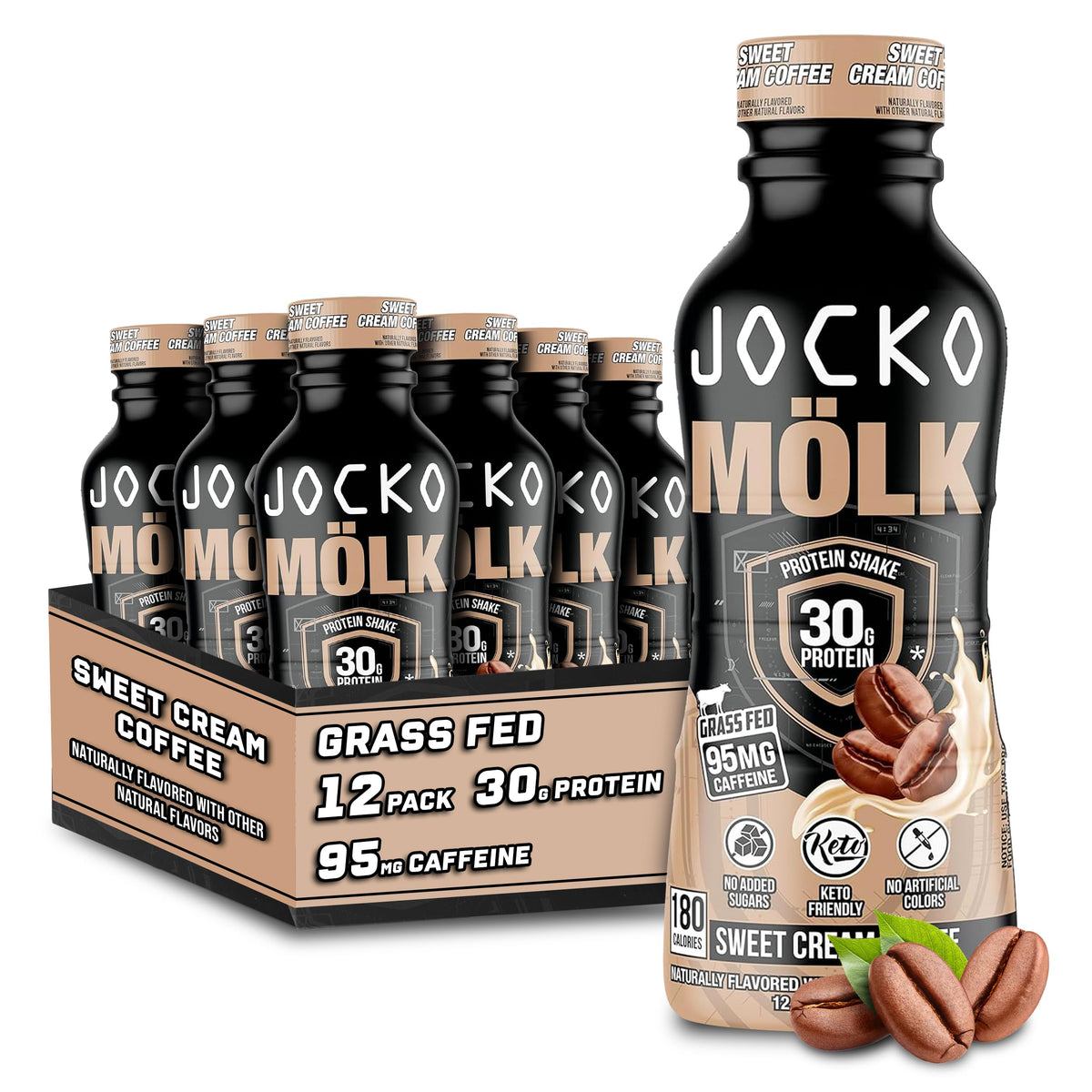Jocko Fuel Mö lk bottle front label highlights grass-fed protein blend.