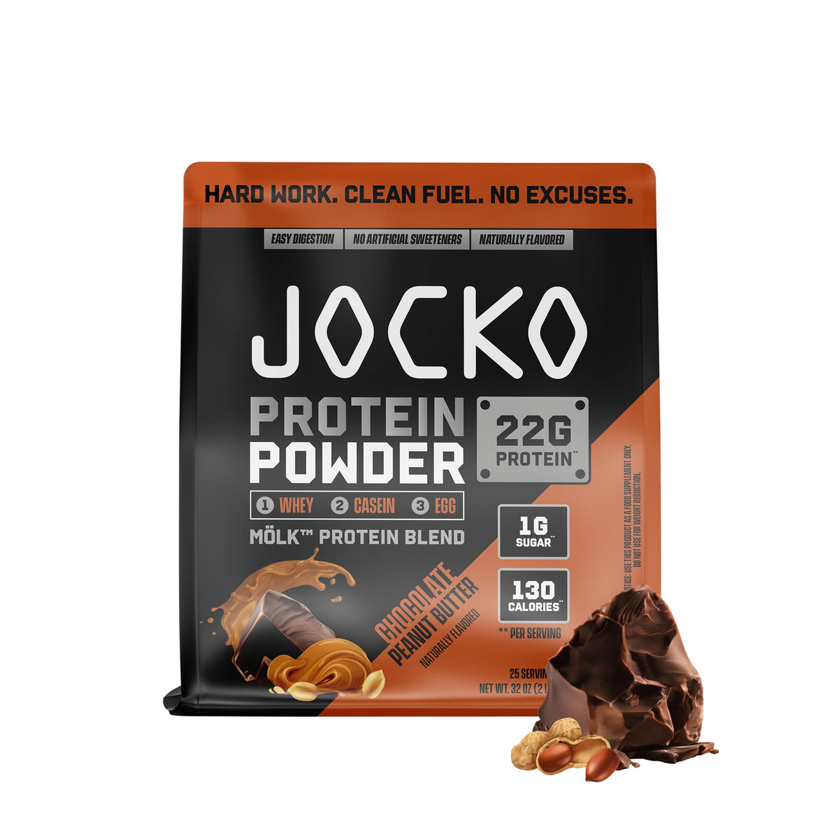 Jocko Fuel Mölk protein powder bottle with Chocolate Peanut Butter for daily fueling.