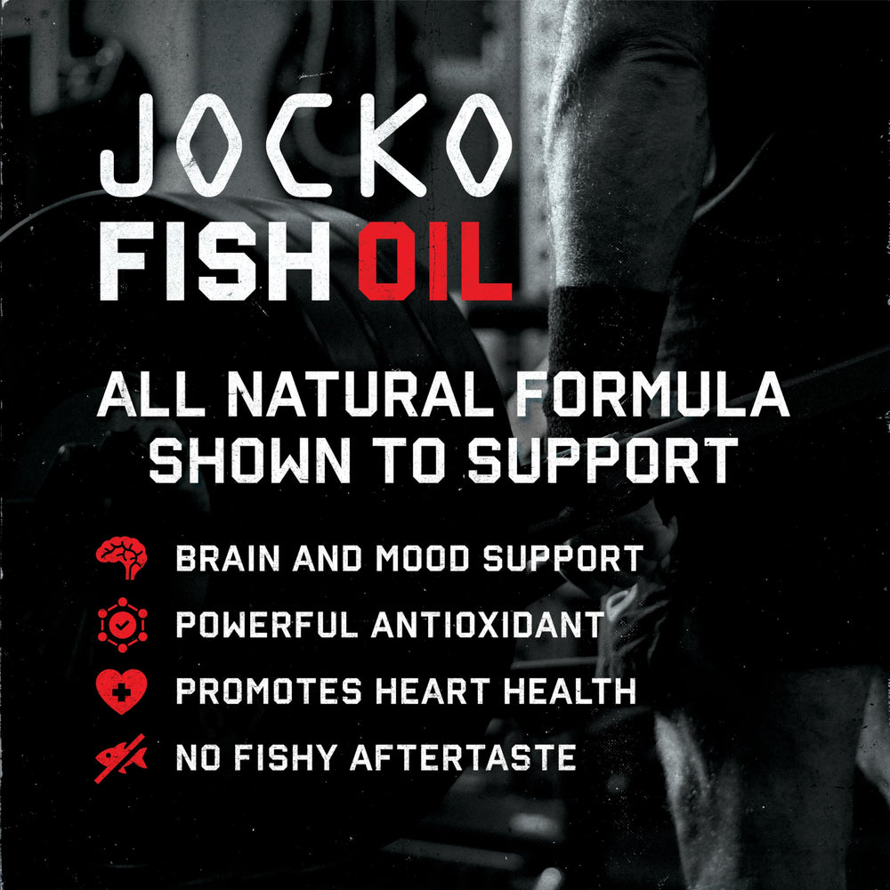 Jocko Fuel omega-3 bottle closeup emphasizing burpless formula.
