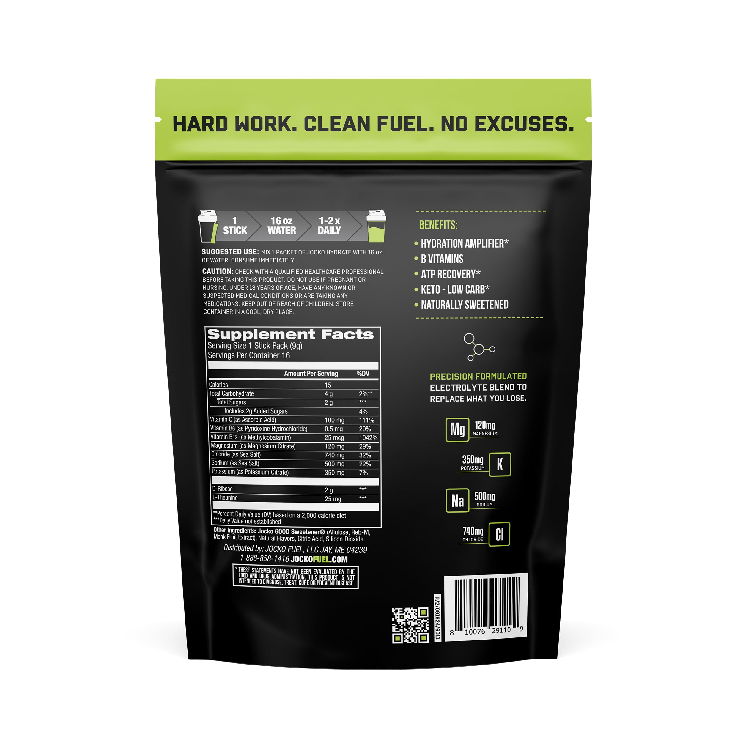 Jocko Fuel lemon-lime powder dissolves in water for post-workout recovery on the go.