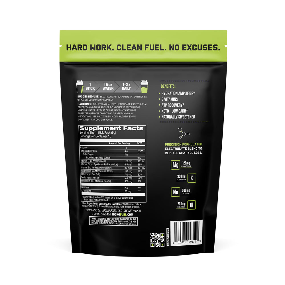 Jocko Fuel lemon-lime powder dissolves in water for post-workout recovery on the go.