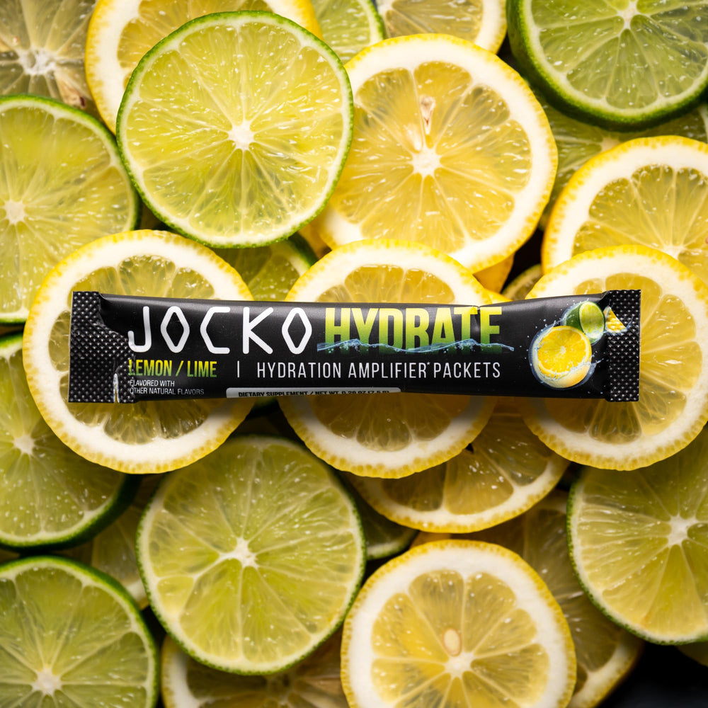 Jocko Fuel lemon-lime drink mix aiding hydration and energy during workouts.