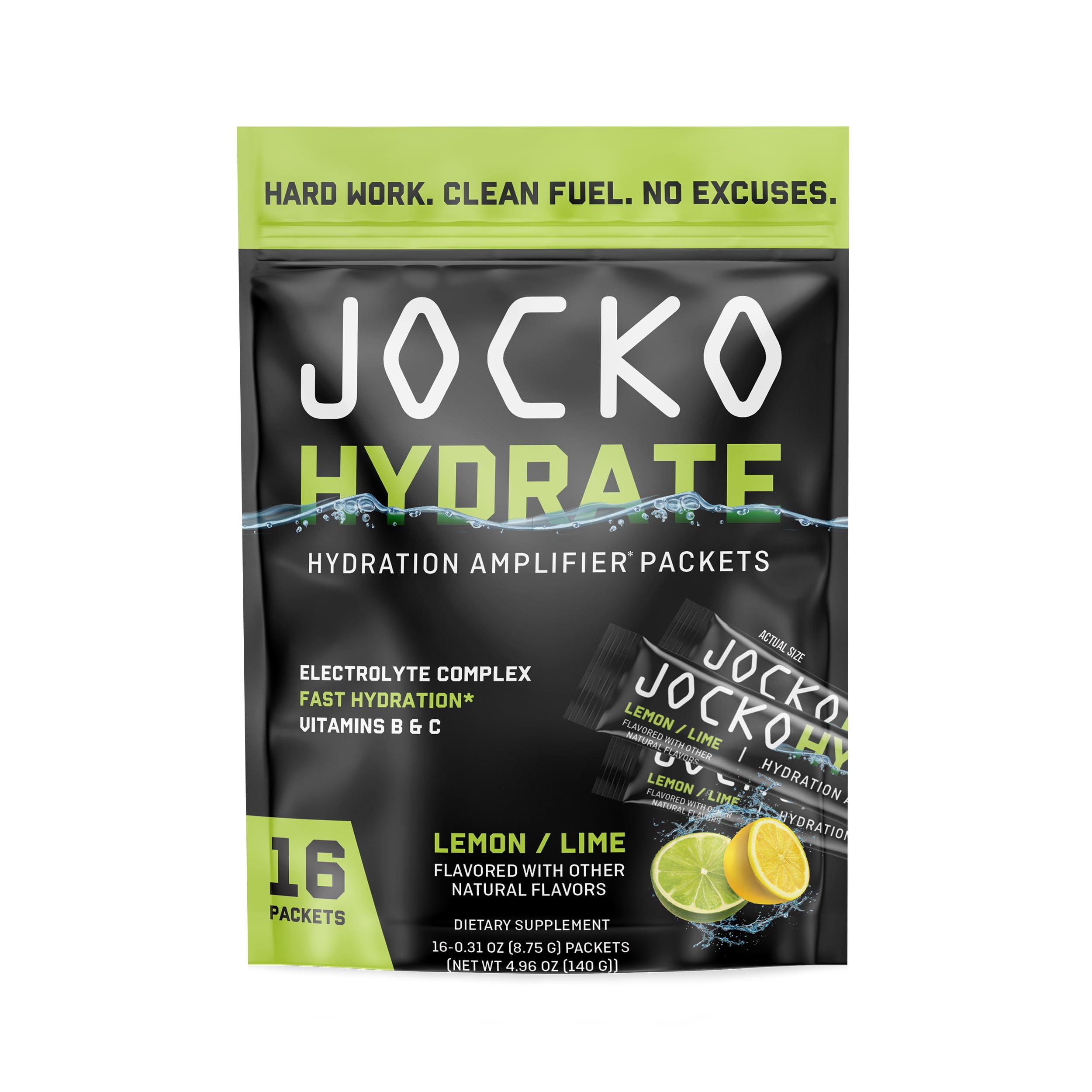 Jocko Fuel lemon-lime packet ready to dissolve for quick, refreshing hydration.