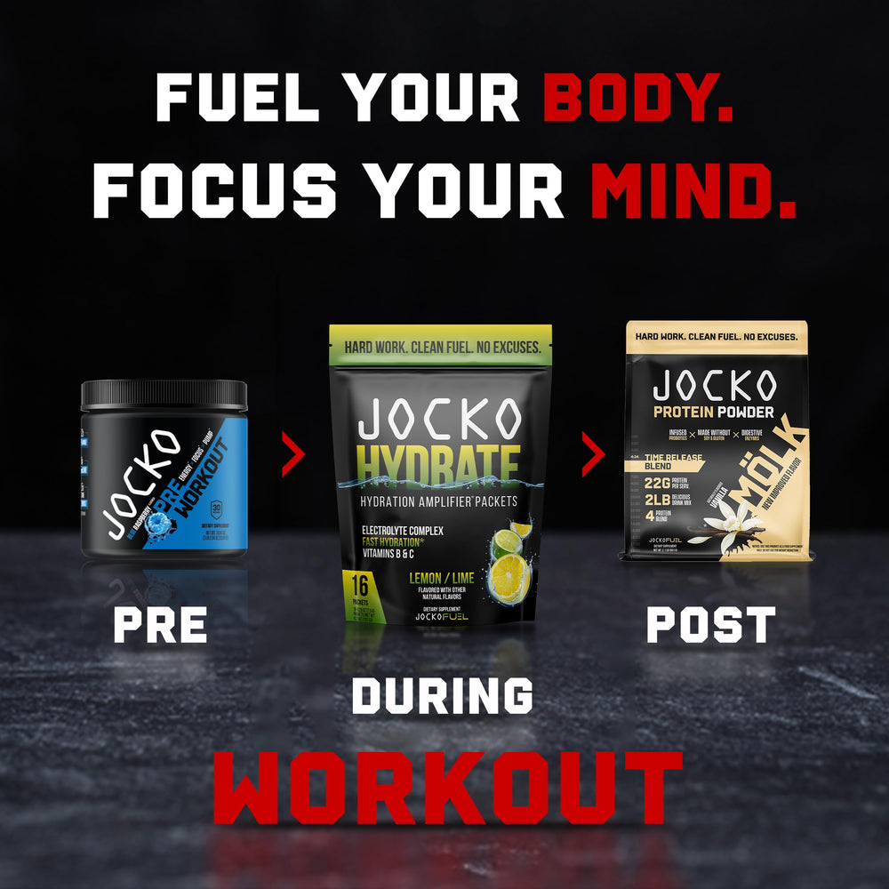 Jocko Fuel lemon-lime packets beside a water bottle for gym use.