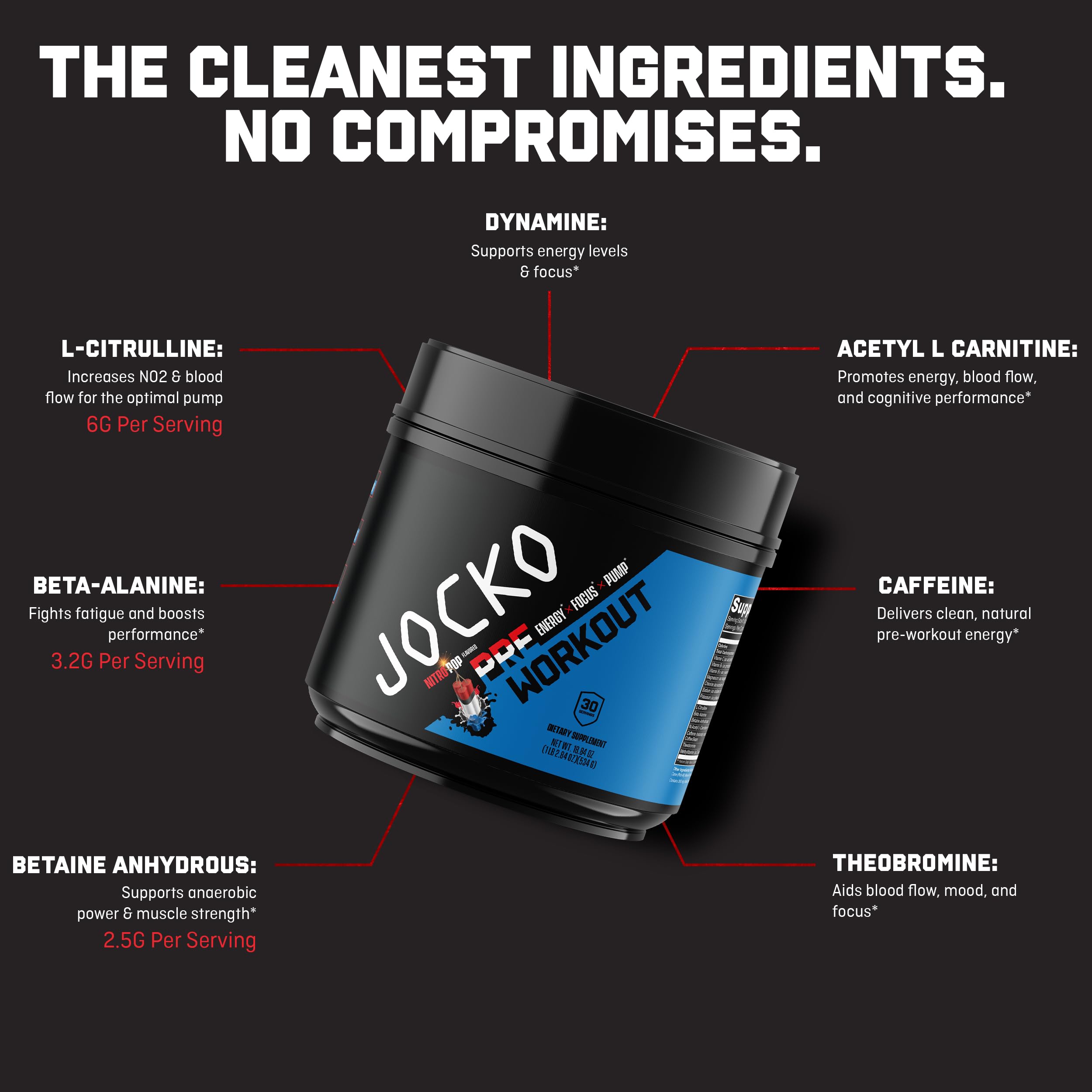 Jocko Fuel Pre Workout Caffeine 200mg delivers clean energy for workouts.