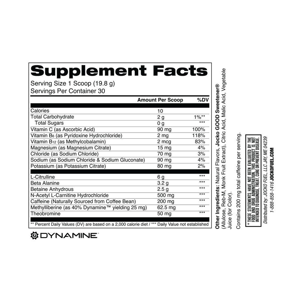 Jocko Fuel Pre Workout label shows beta alanine and caffeine for focused training.