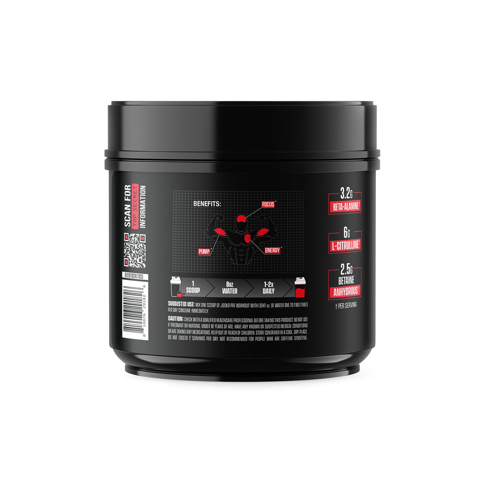 Jocko Fuel Pre Workout serving cup emphasizes quick energy and endurance during workouts.