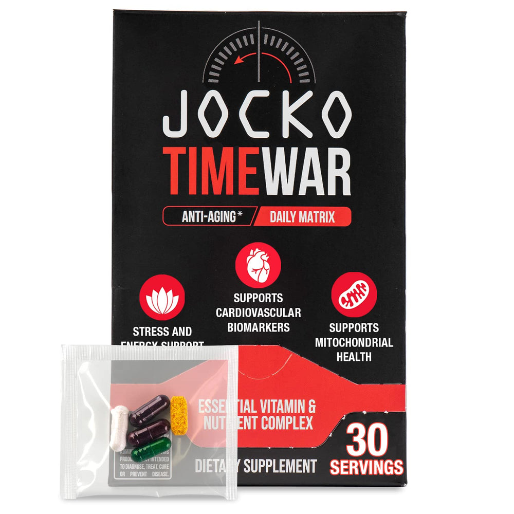 Jocko Fuel TIME WAR bottle closeup highlighting daily wellness support.