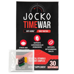 Jocko Fuel TIME WAR bottle closeup highlighting daily wellness support.
