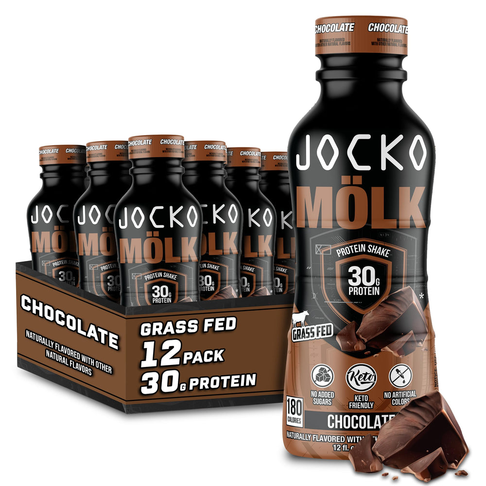 Jocko Mölk ready to drink chocolate bottle with creamy texture for post-workout fueling.