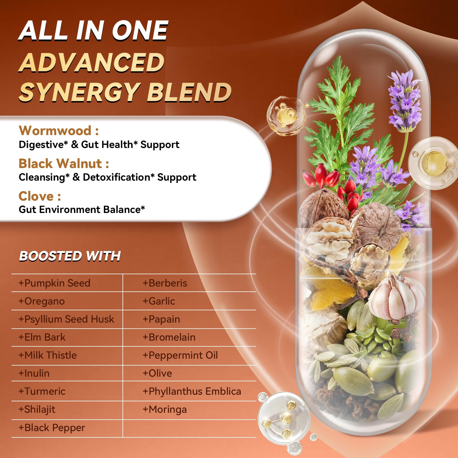 Close-up of wormwood, black walnut, and clove ingredients in blend