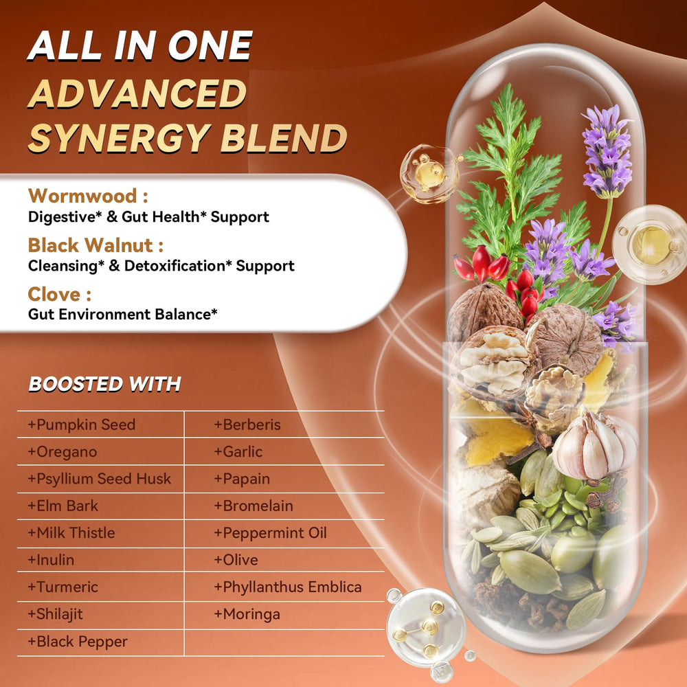 Close-up of wormwood, black walnut, and clove ingredients in blend