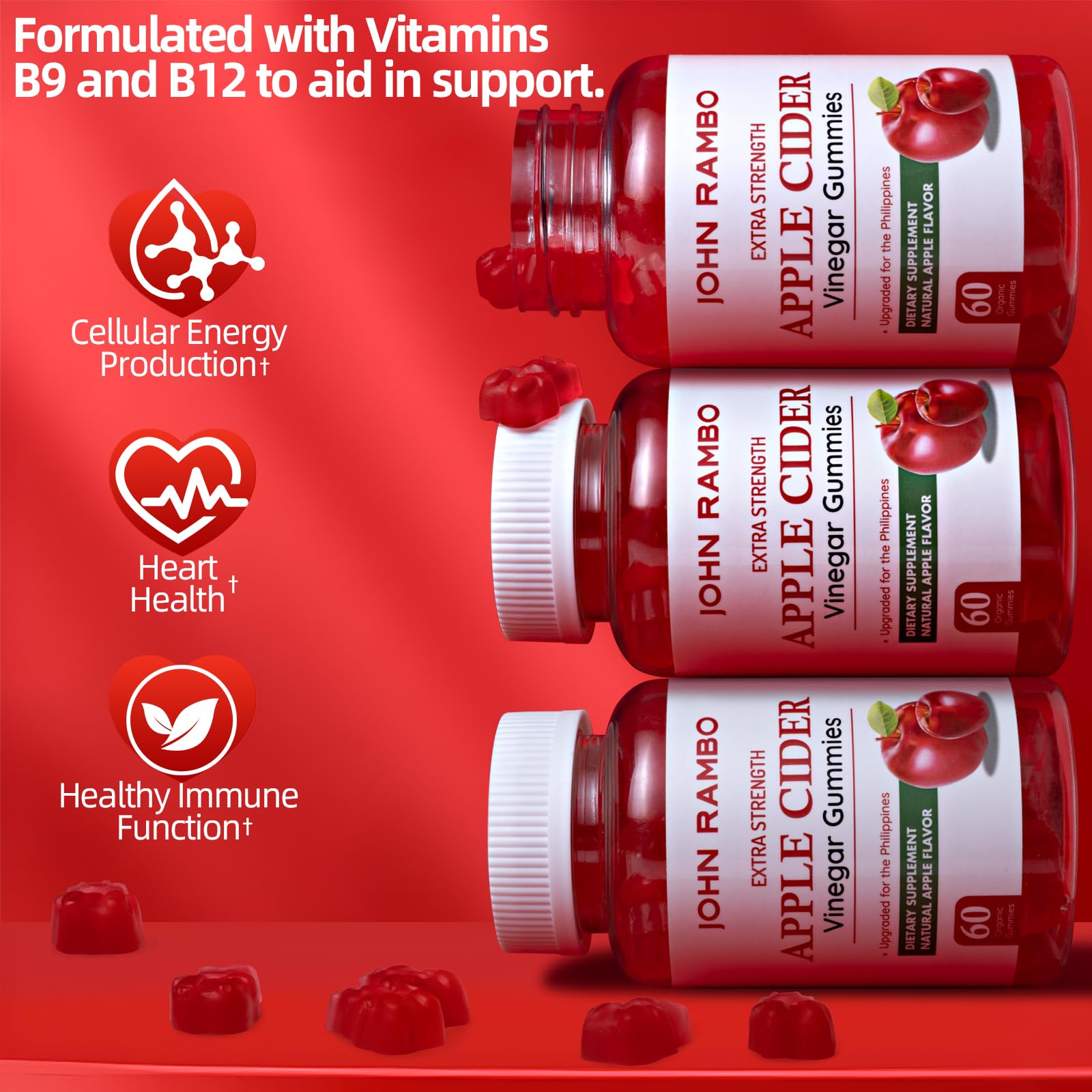 John Rambo Apple Cider Vinegar Gummies closeup shows chewy texture for easy daily routine.