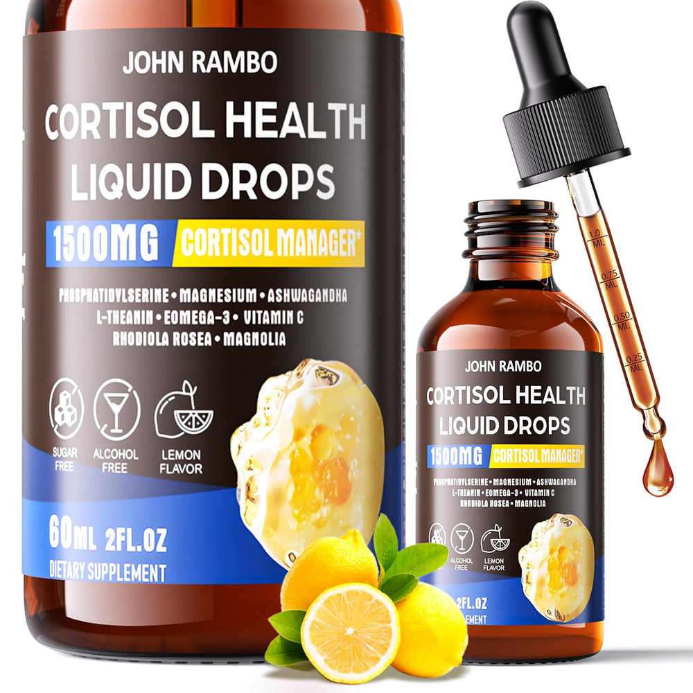 JOHN RAMBO Cortisol Drops bottle showing sleek packaging for daily balance
