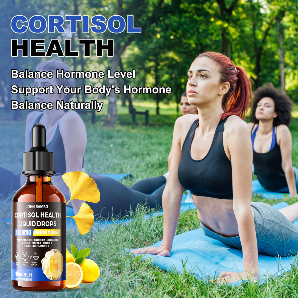 JOHN RAMBO Cortisol Drops dispensing into a glass of water for quick intake