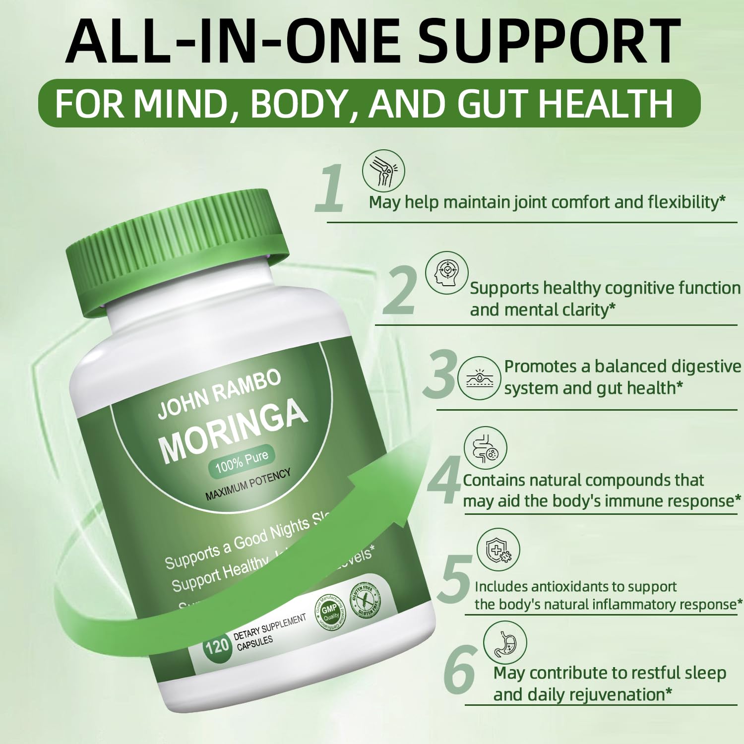 John Rambo Moringa capsules label close-up with ingredients