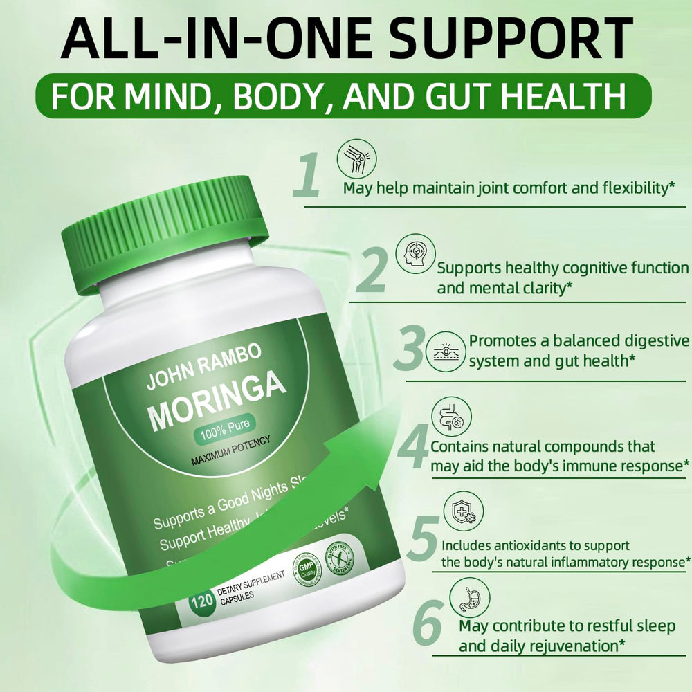 John Rambo Moringa capsules label close-up with ingredients