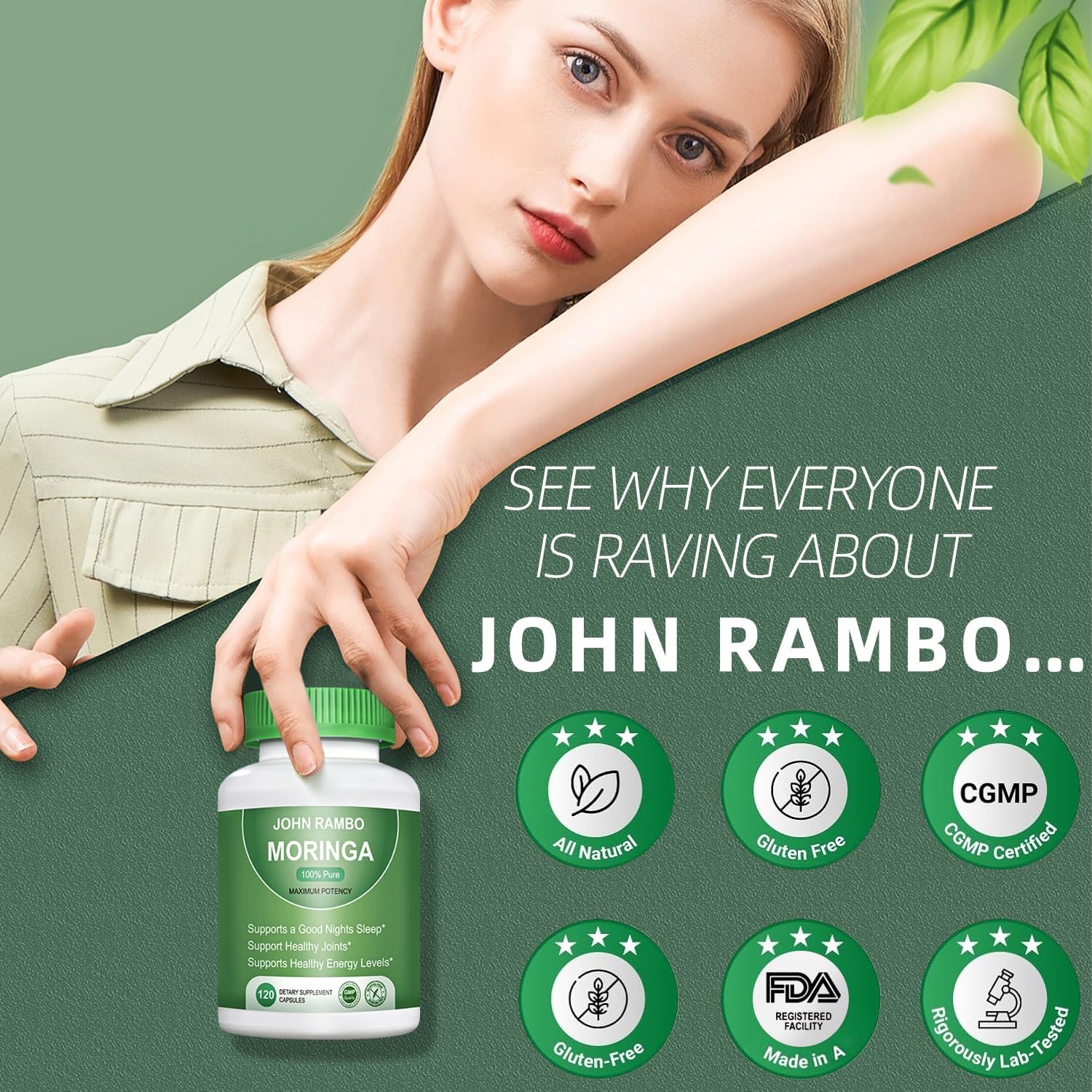 John Rambo Moringa capsules in hand ready to take