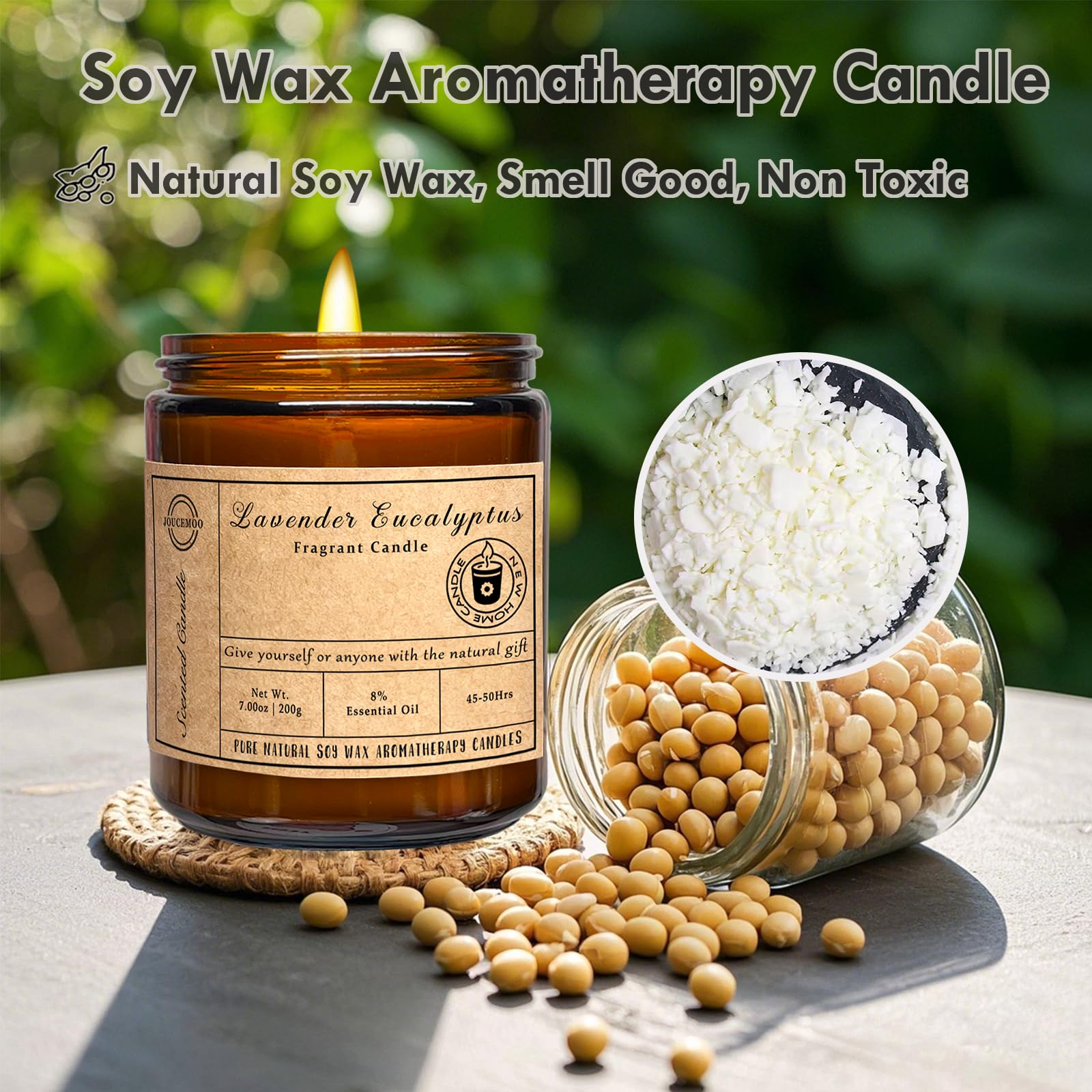 JOUCEMOO candle macro shows natural soy wax for cleaner, longer burn.
