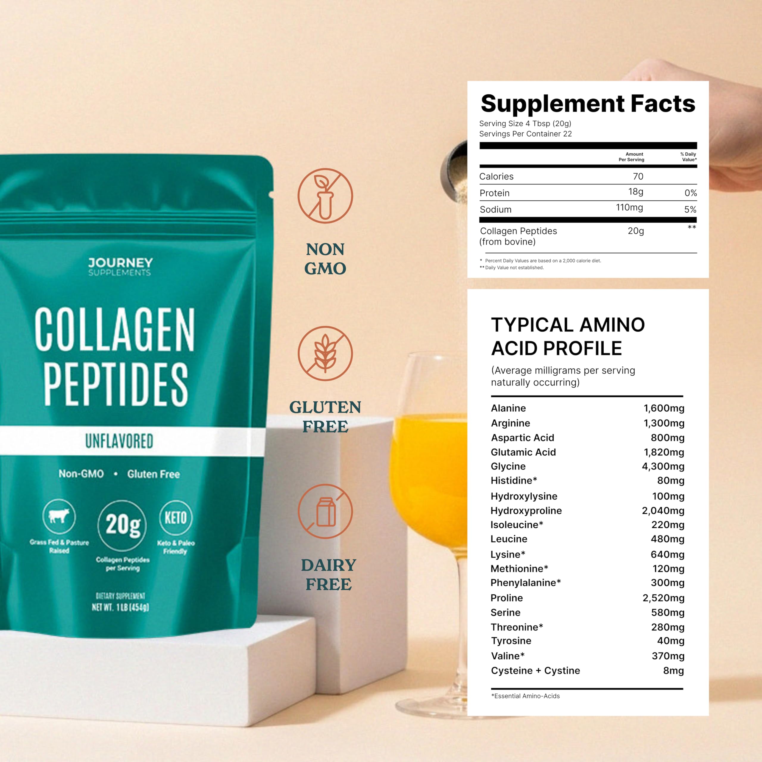 Journey Supplements Collagen Peptides Powder ready to support hair, skin, nails routines.