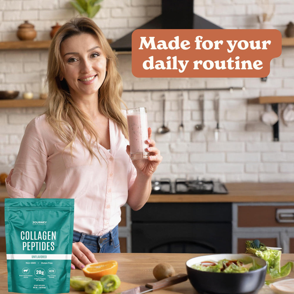Journey Supplements Collagen Peptides Powder bottle beside pantry for keto-friendly nutrition.
