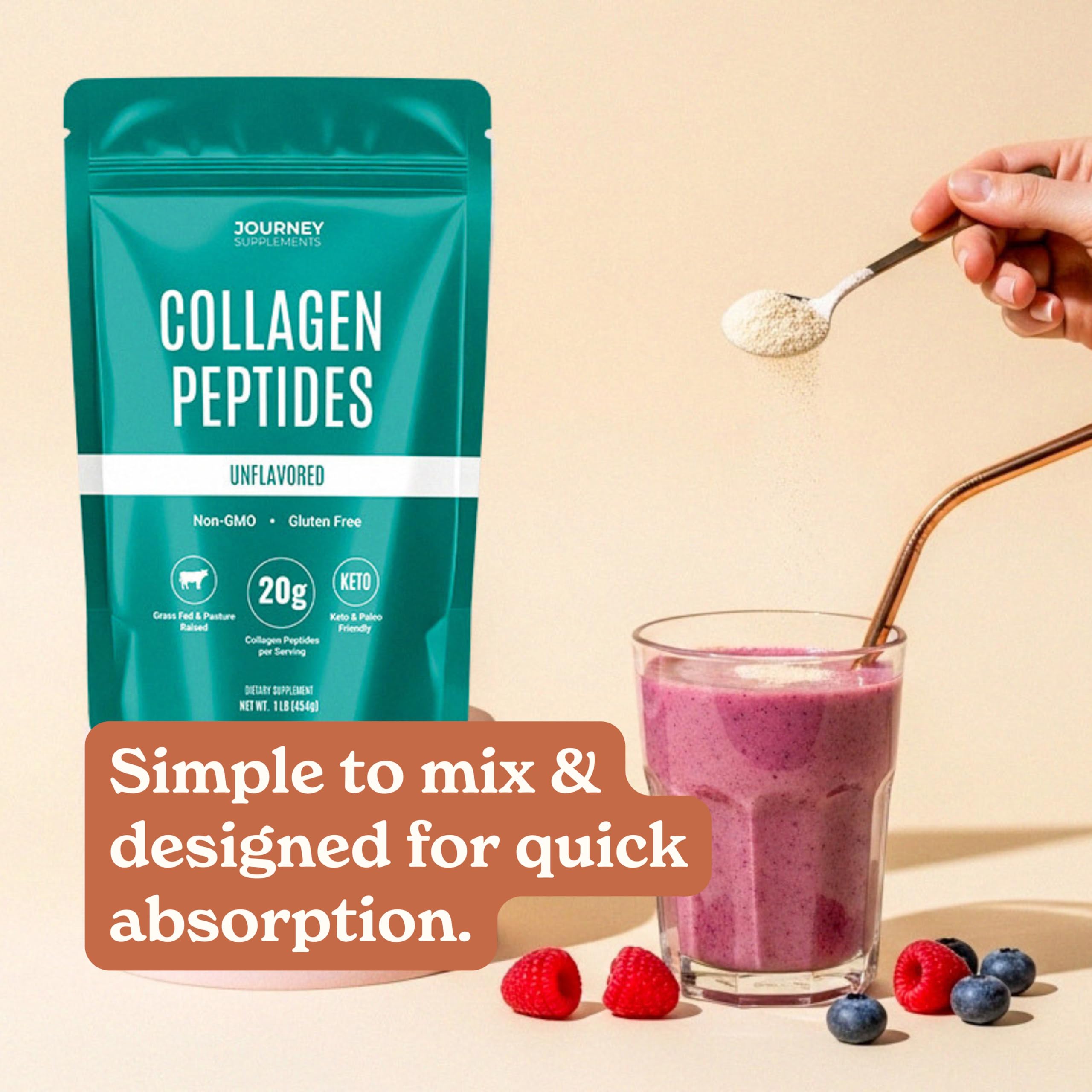 Journey Supplements Collagen Peptides Powder scoop beside a glass for daily use.