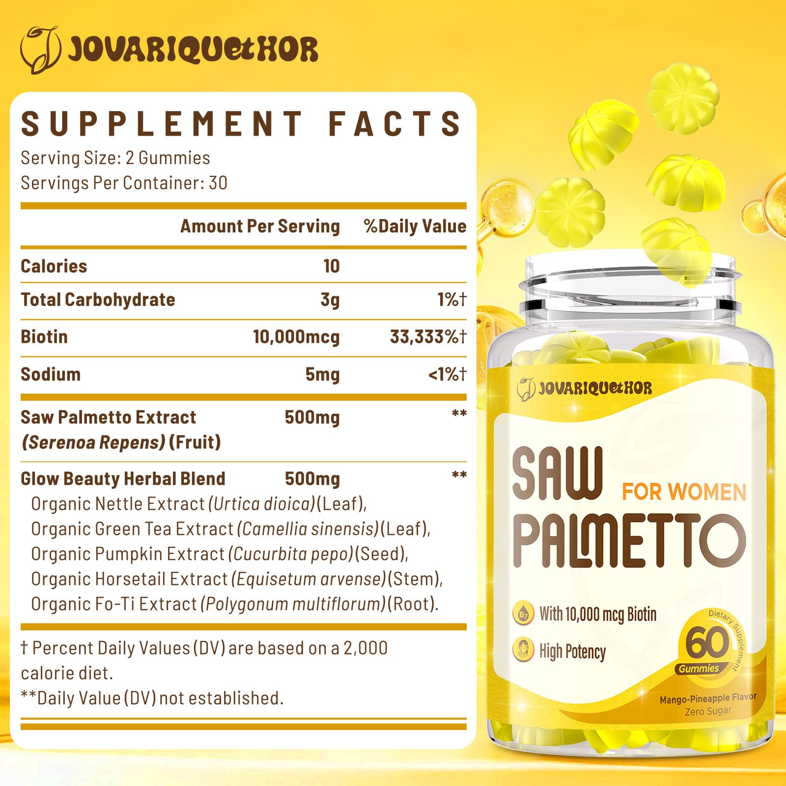 Jovariquethor Saw Palmetto Gummies Mango Pineapple close-up, convenient daily hair and skin support