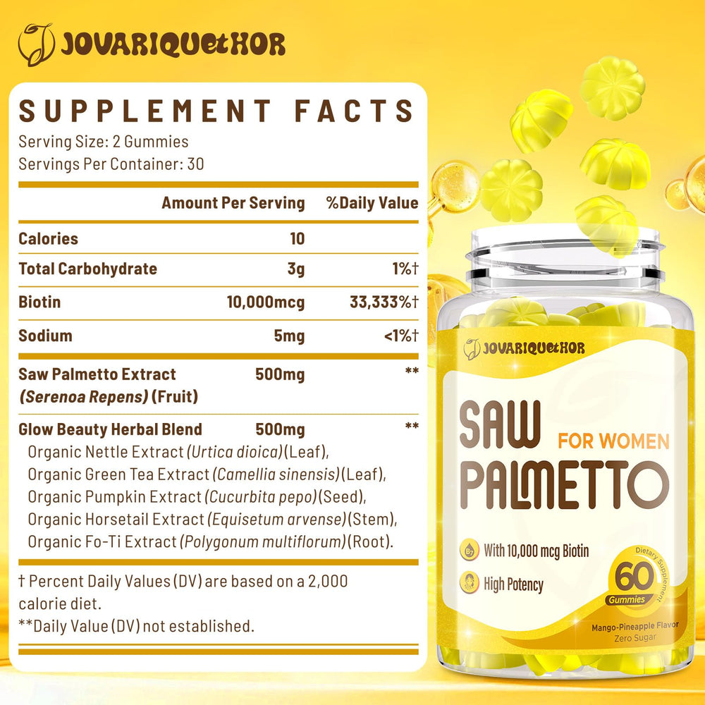 Jovariquethor Saw Palmetto Gummies Mango Pineapple close-up, convenient daily hair and skin support