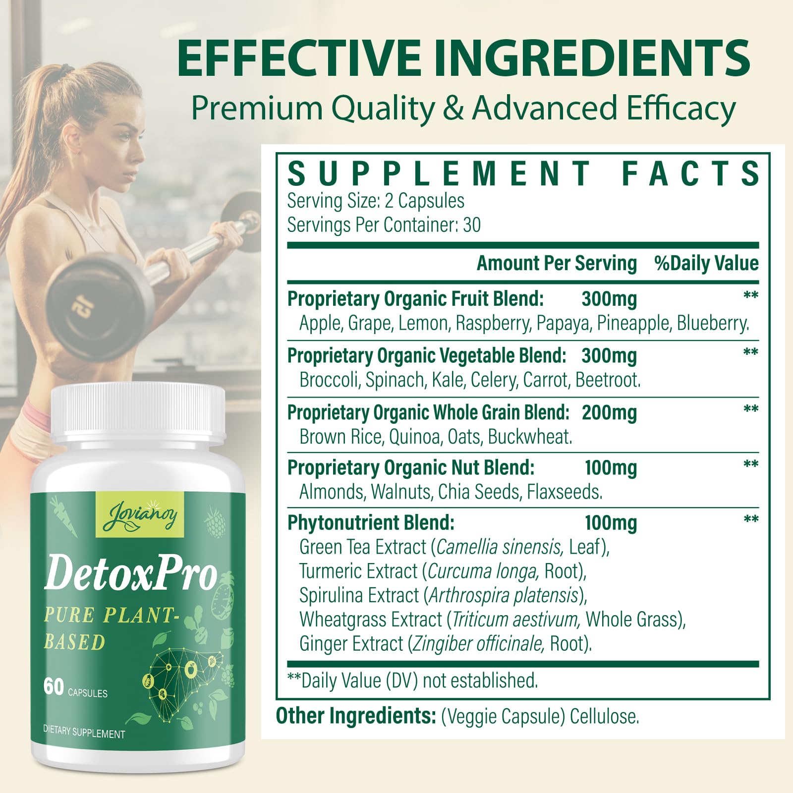 Jovianoy daily capsules pack showcasing plant-based detox formula.
