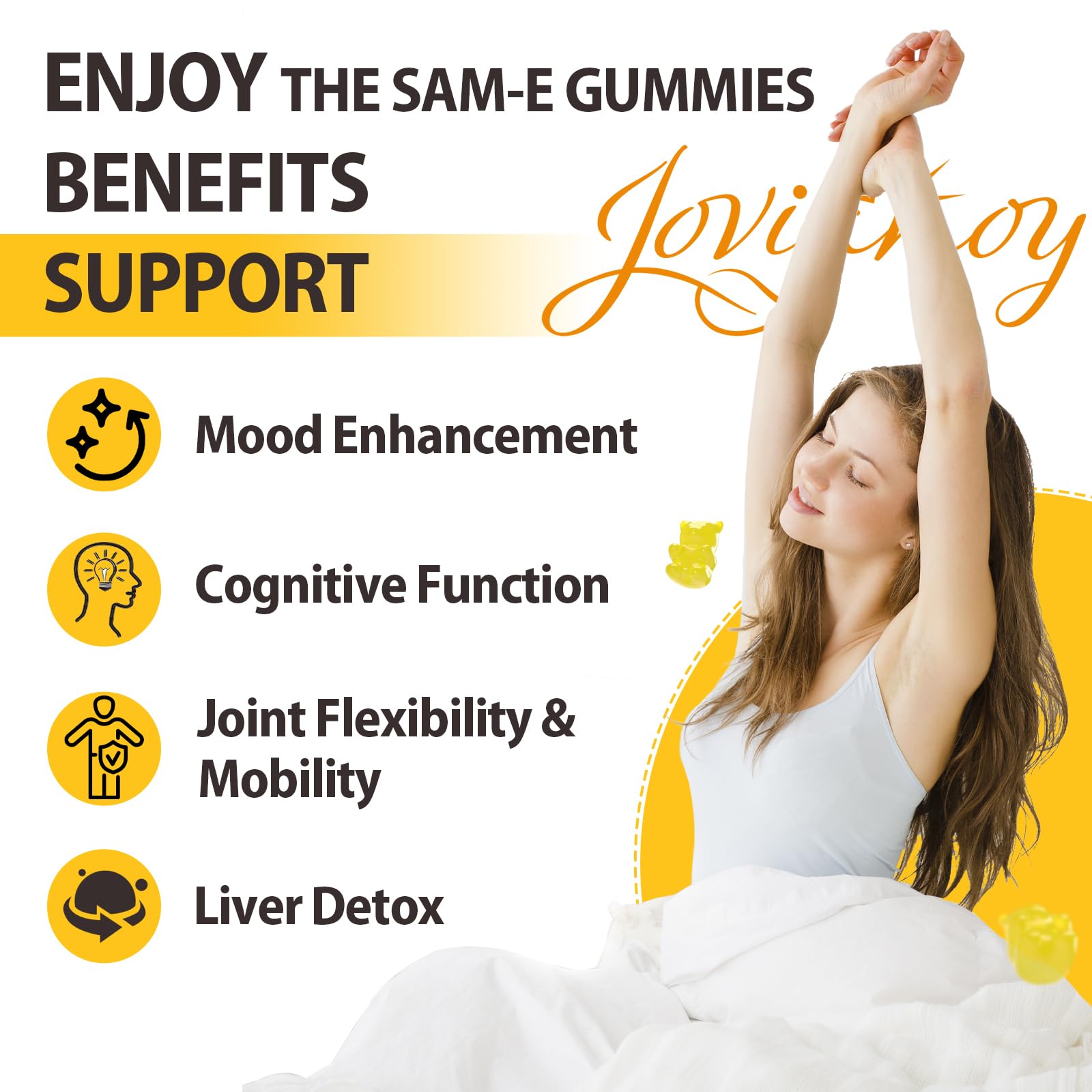 Colorful pineapple-flavored Jovianoy SAM-e gummies graphic on label.
