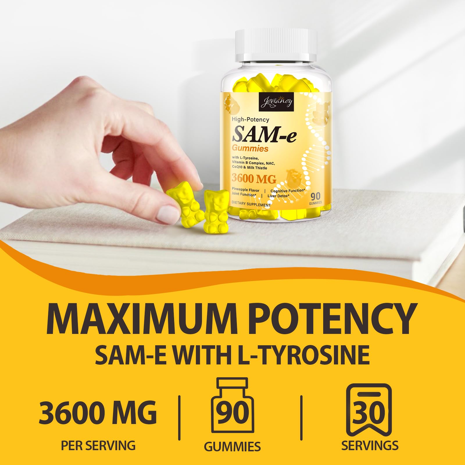 Jovianoy SAM-e gummies label highlights NAC, CoQ10, and B vitamins.