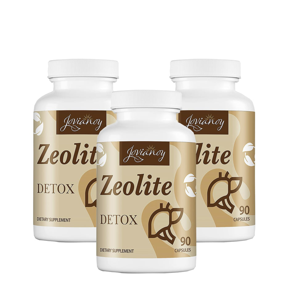 Jovianoy Zeolite Detox bottle label closeup highlighting organic purity.