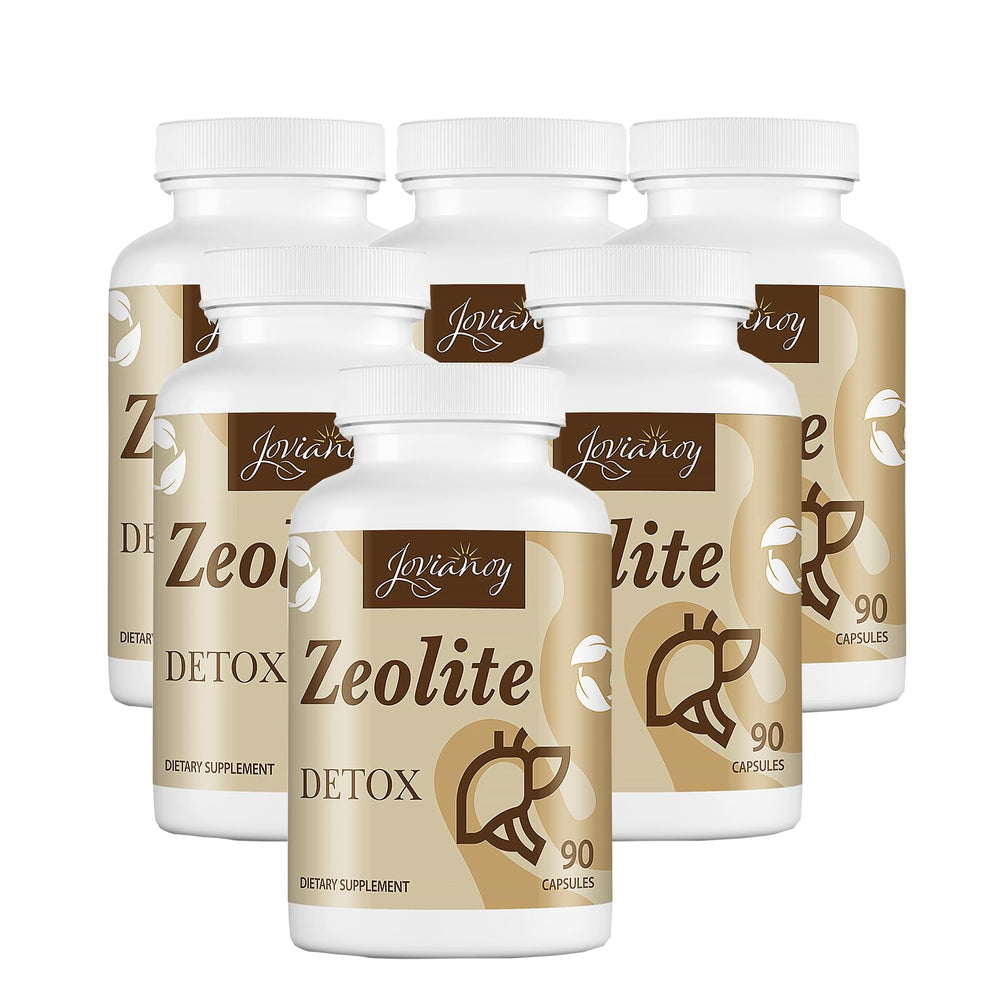 Jovianoy Zeolite Detox capsules bottle close-up showing organic detox blend for gut comfort.