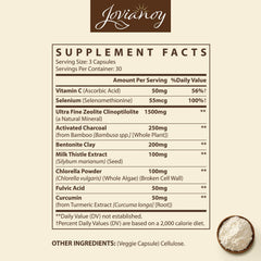 Jovianoy Zeolite Detox capsules closeup emphasizing 1-2 µm particle size.