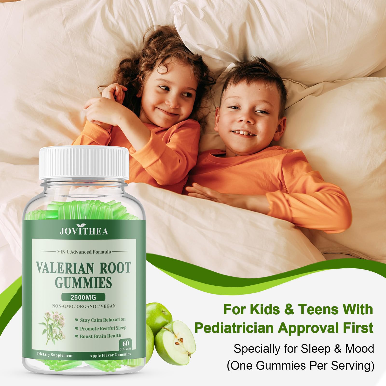 Ingredients scene shows valerian blend with lemon balm, chamomile, and passion flower.