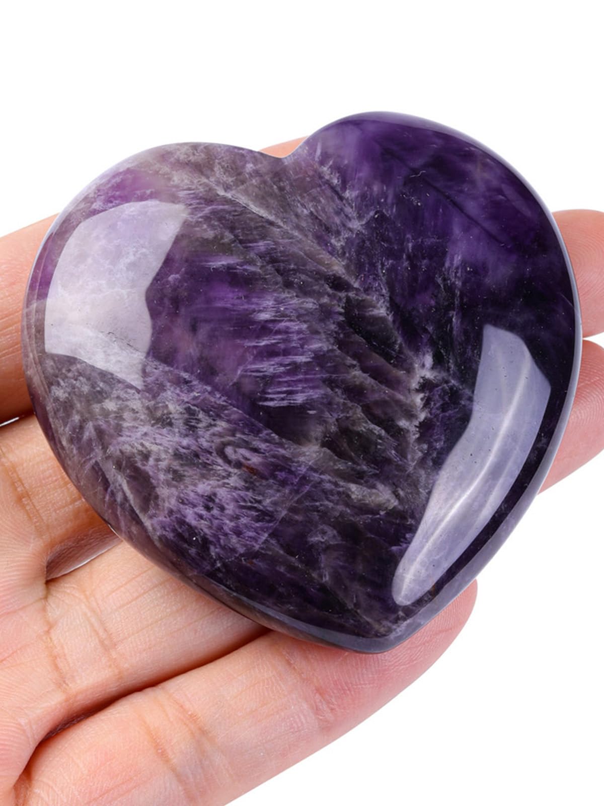 Jovivi 60mm amethyst crystal heart for meditation and energy balancing.