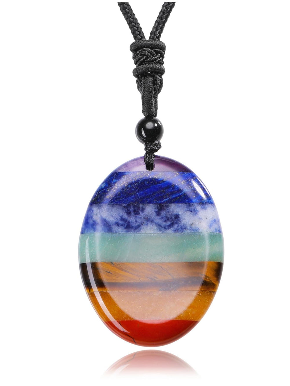 Jovivi 7 Chakras Necklace pendant close-up with rainbow stones for meditation focus.