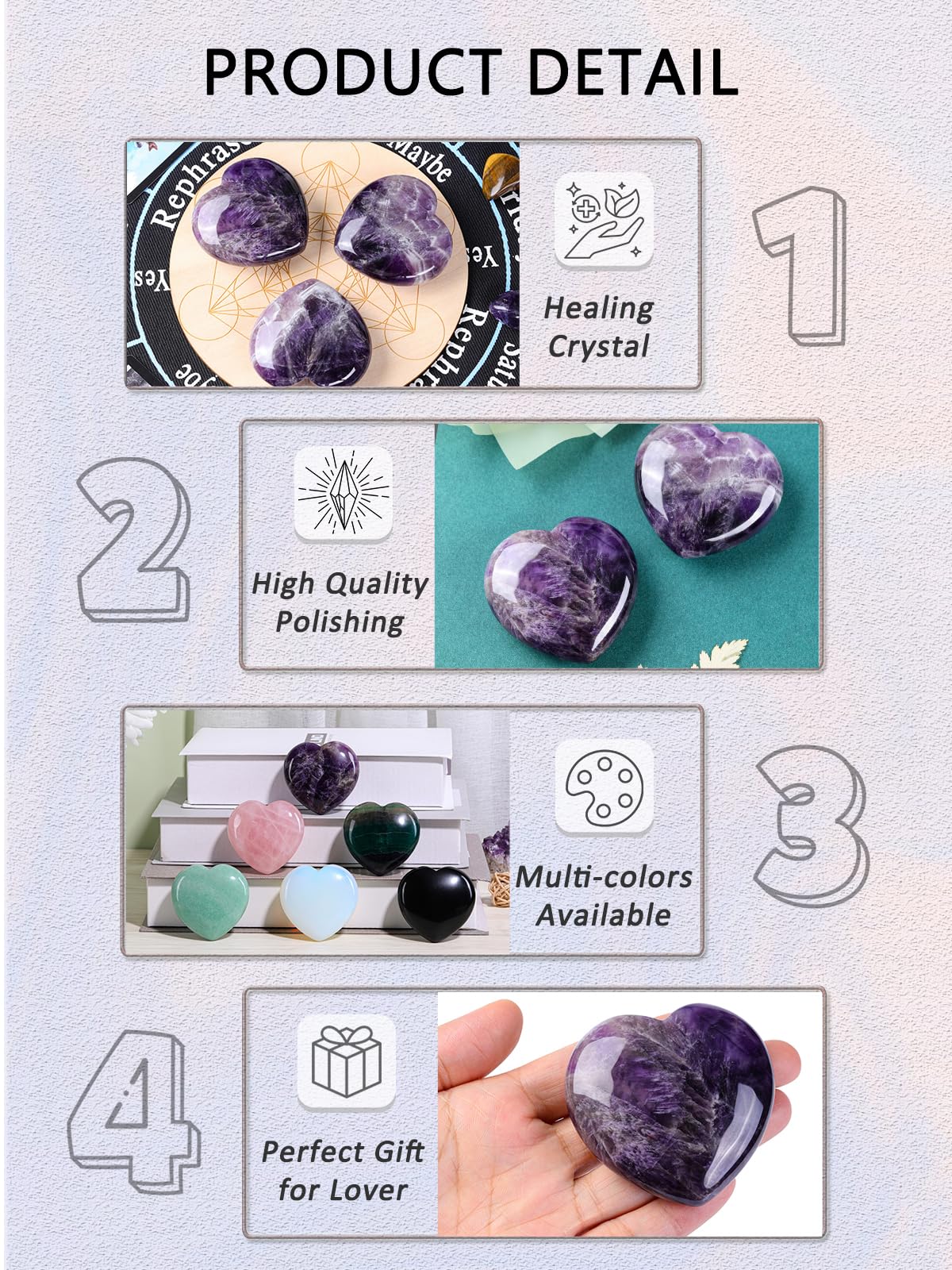 Jovivi amethyst energy crystal enhances meditation sessions.