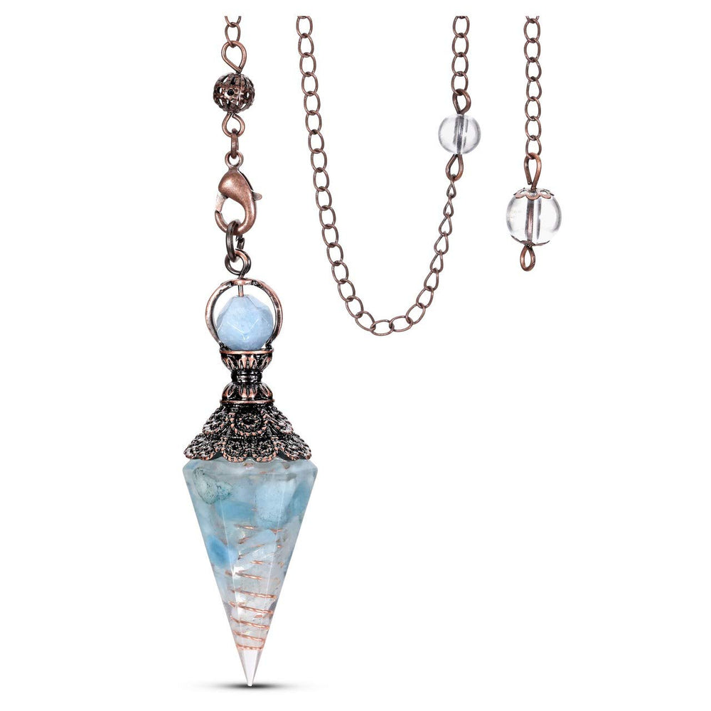 Jovivi aquamarine pendulum with hexagonal point for precise dowsing and divination.