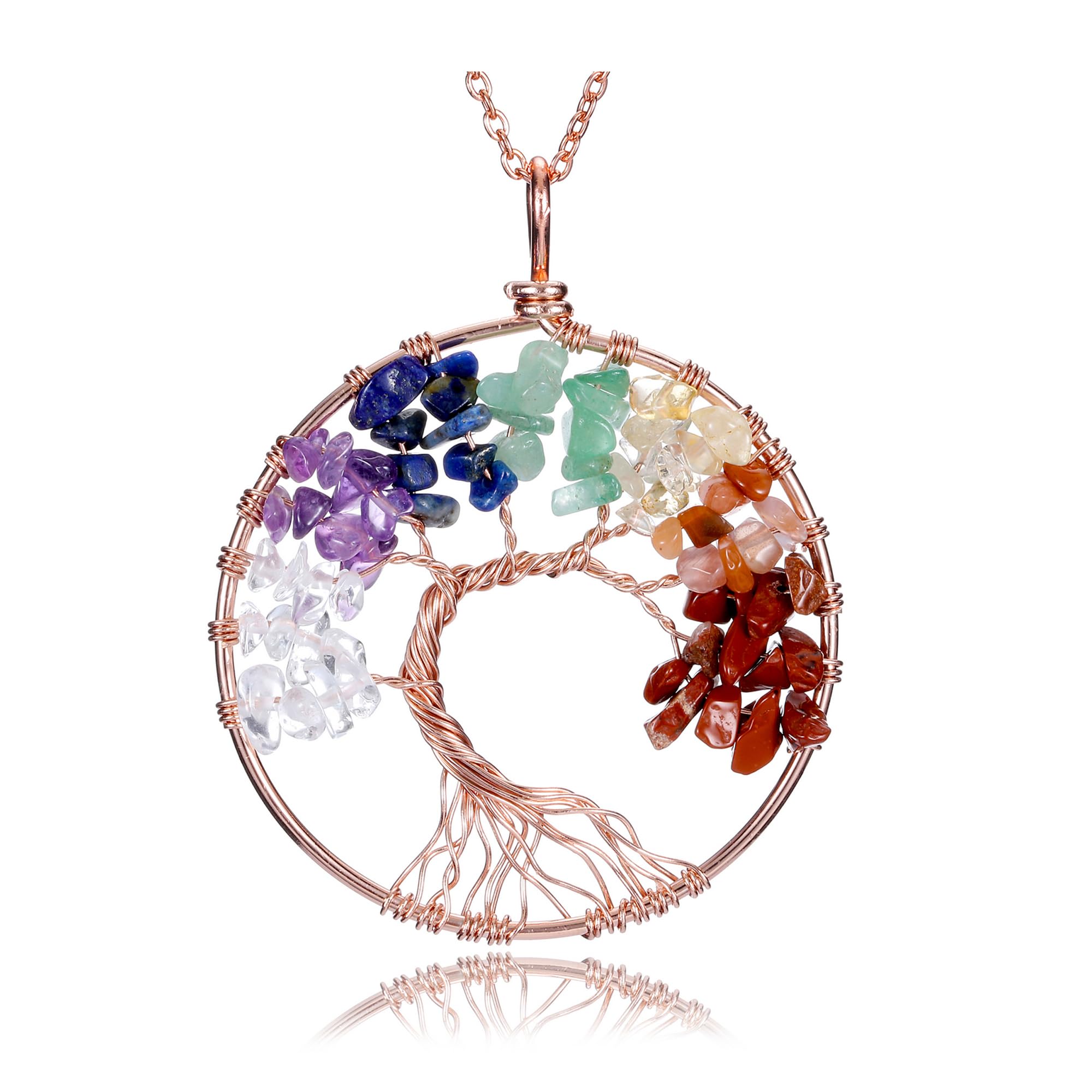 Jovivi Life Tree necklace with rose gold wrap for balanced energy look