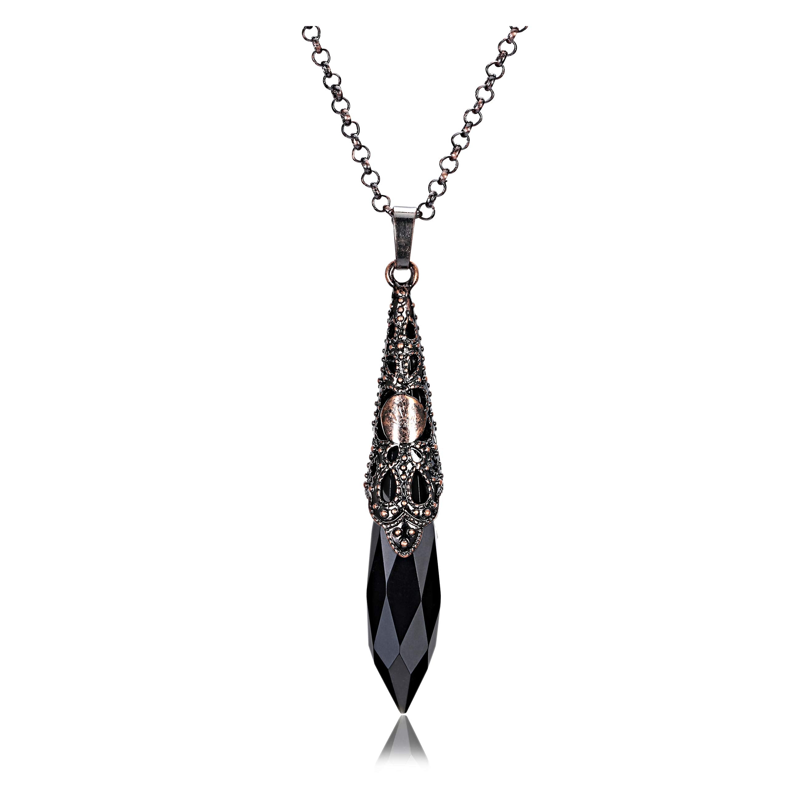 Jovivi natural black obsidian pendulum necklace with bronze flower wrap for Reiki and divination.