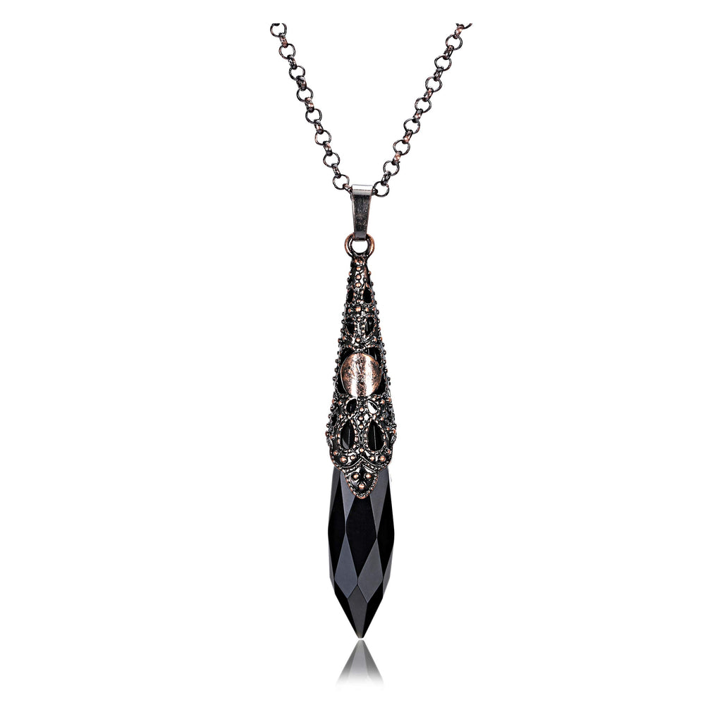 Jovivi natural black obsidian pendulum necklace with bronze flower wrap for Reiki and divination.