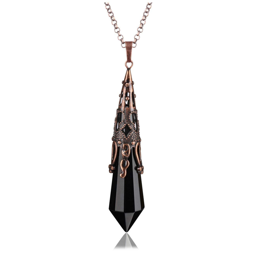 Jovivi natural black obsidian pendulum necklace for meditation and chakra balancing.
