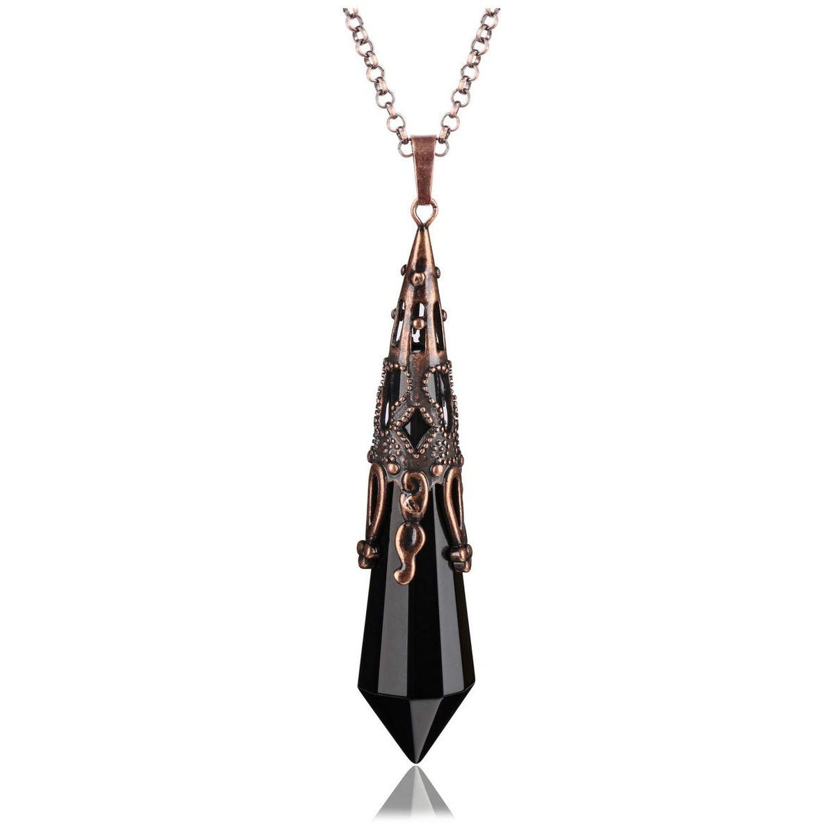Jovivi natural black obsidian pendulum necklace for meditation and chakra balancing.