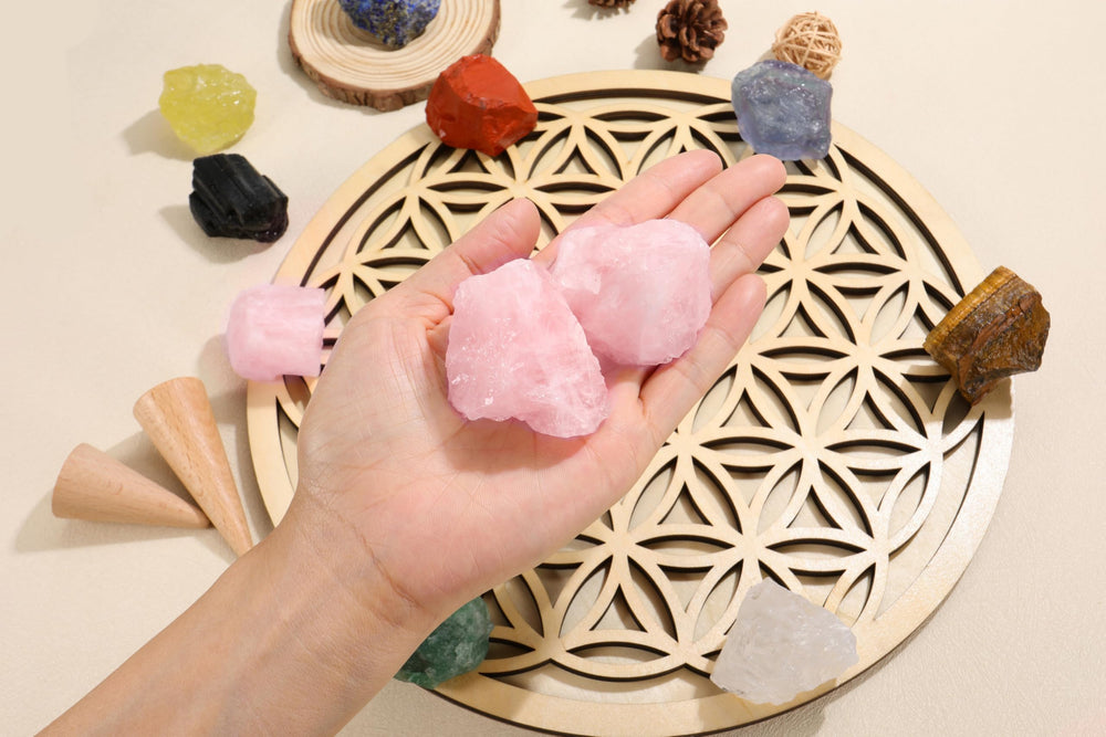 Jovivi rose quartz pair display, natural stones ready for décor and DIY projects.