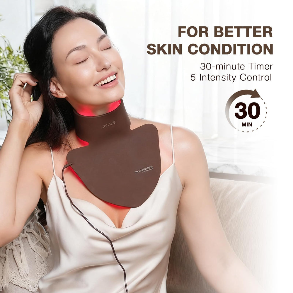 JOVS red light neck mask side view shows flexible silicone and comfortable wear.