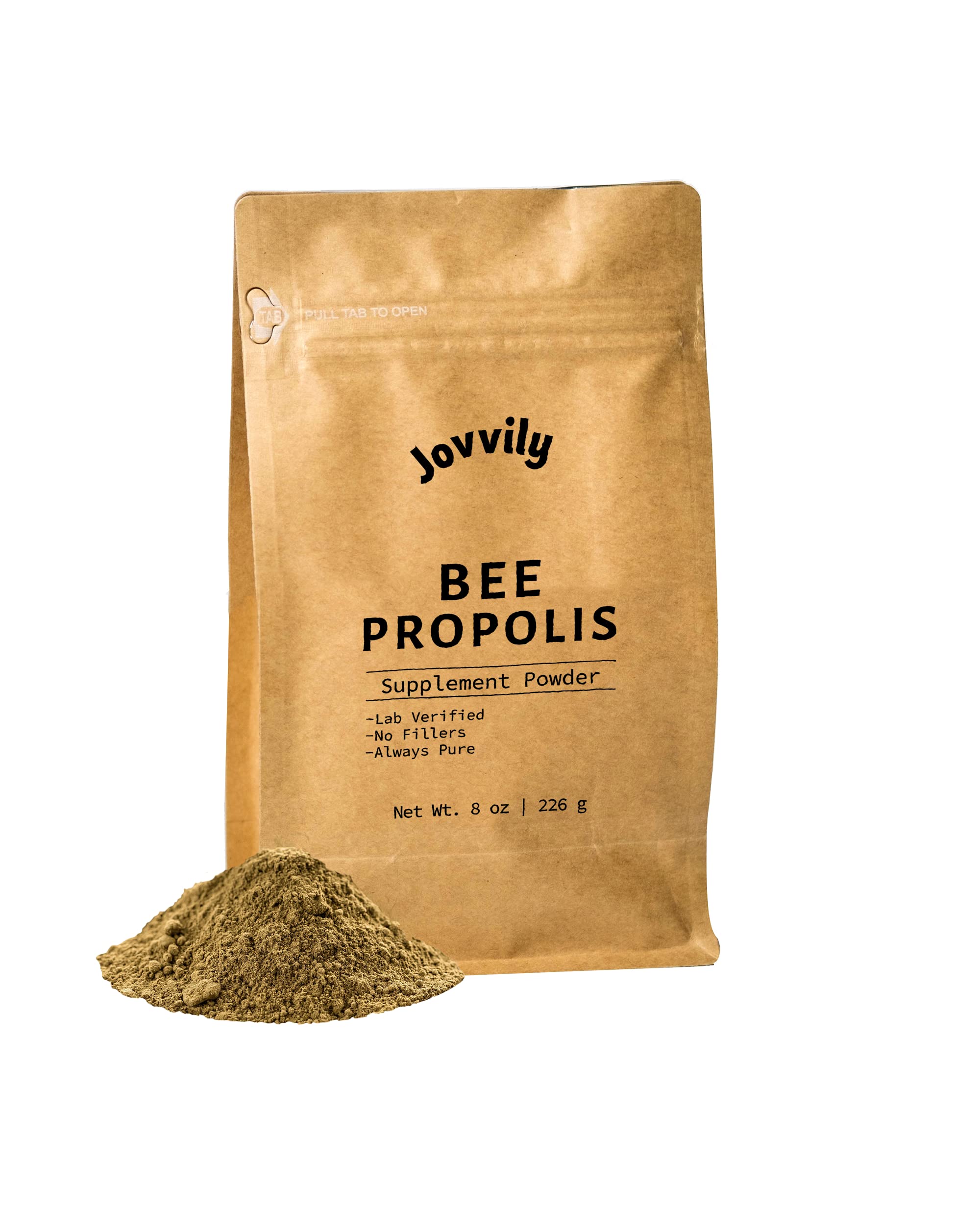 Jovvily Bee Propolis Powder in a resealable bag showing purity and freshness.