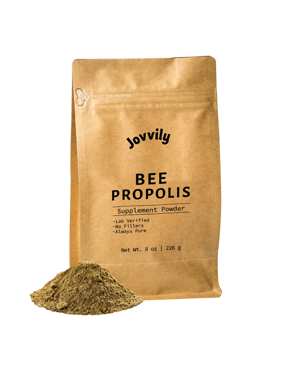 Jovvily Bee Propolis Powder in a resealable bag showing purity and freshness.
